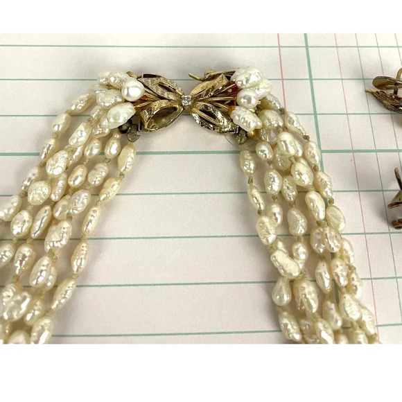 VTG 10k Gold Rice Pearl 6 Strand Necklace with 925 Dangle Earrings 18" Long - Picture 3 of 16